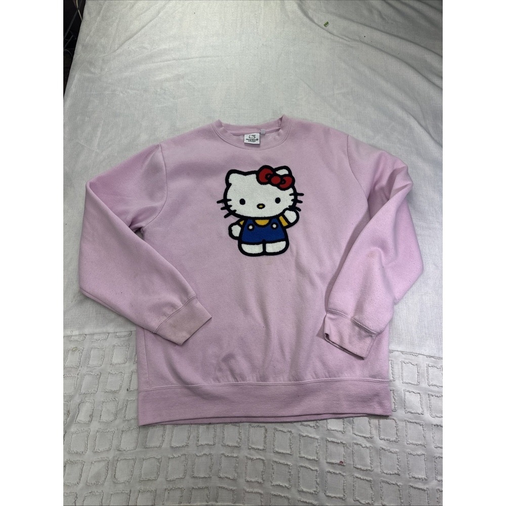 Hello Kitty Sanrio Pink Sweatshirt‎ Med Chenille Patch Pullover Crewneck Kawaii
